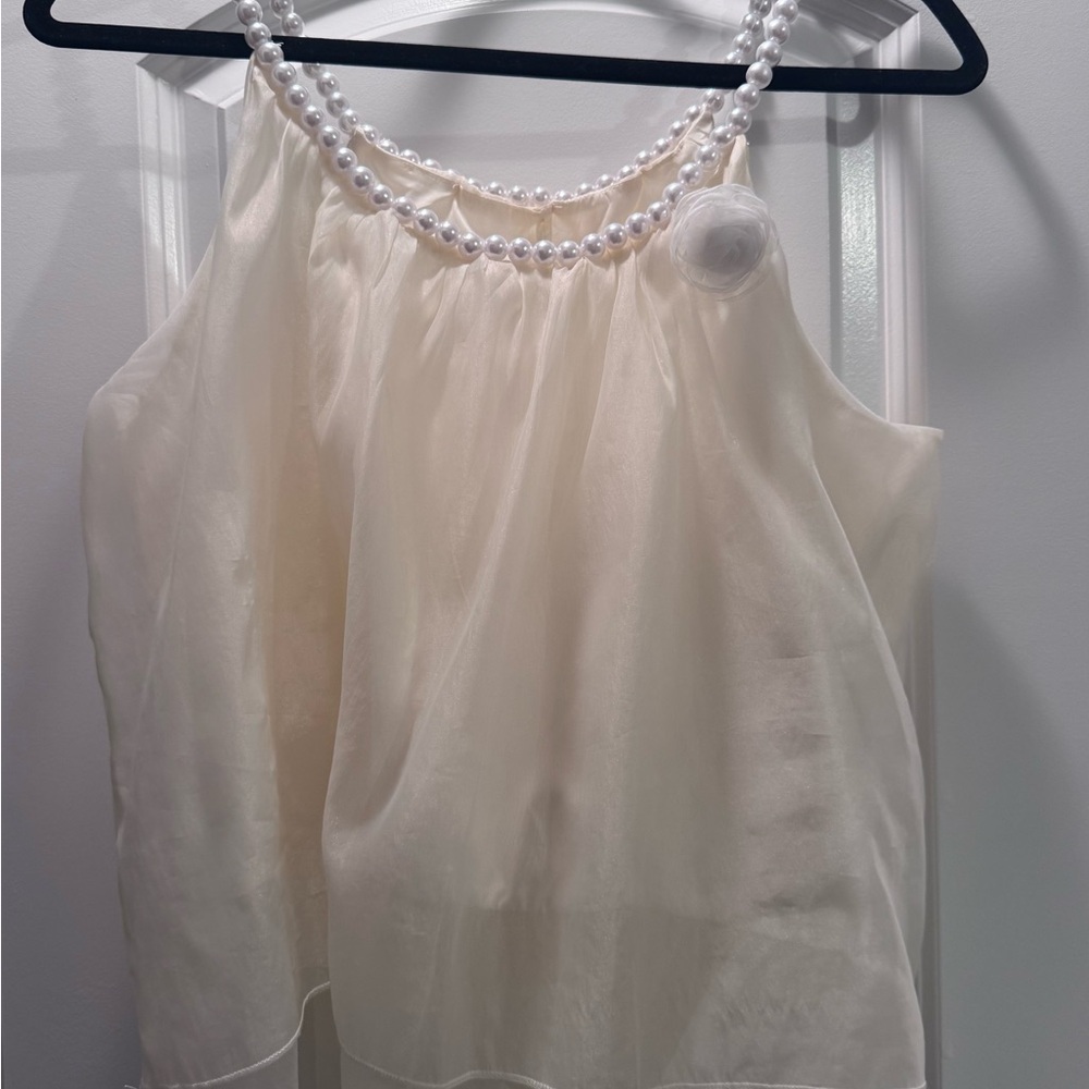 SHEIN Cream Sleeveless Blouse with Pearl Accents